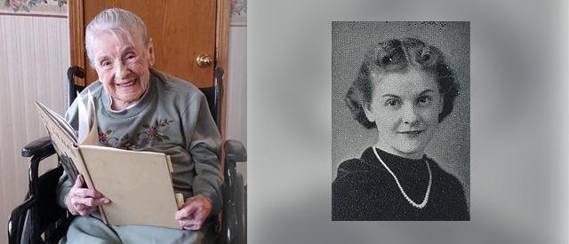 This image is split into two different pictures. The left side is a black and white photo of a young girl posing for a school picture. The right side is a photo of the same girl in her old age.